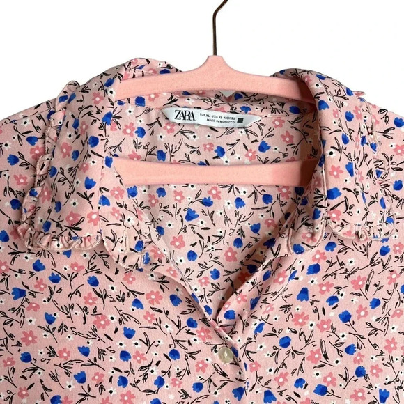 ZARA Pink Blue Floral Button Front Long Sleeve Ruffle Detail Blouse  Sz. XL - Picture 4 of 13